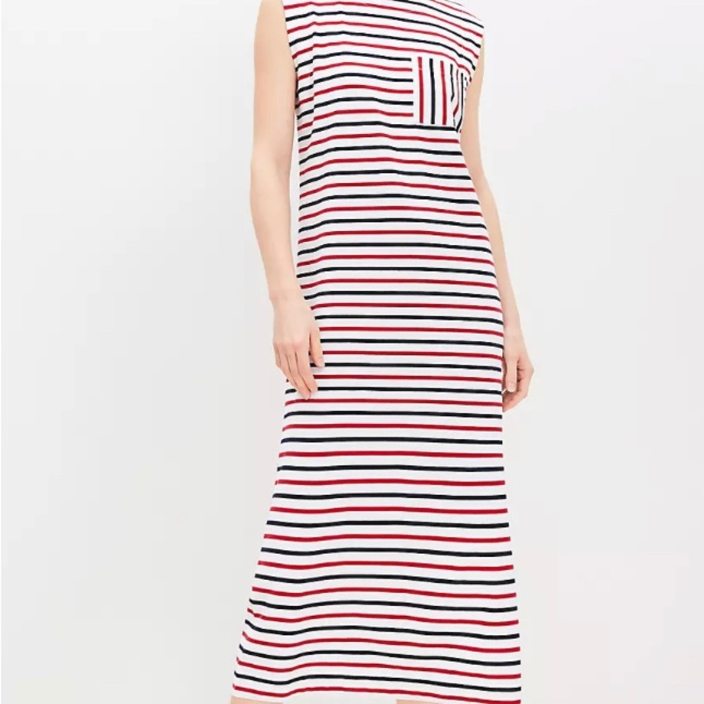 LOFT Red and White Asymmetrical Sheath Dress